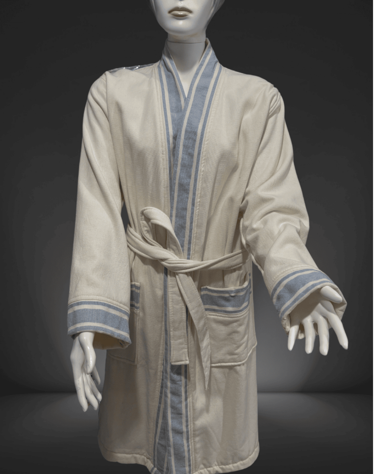 %100 Pamuklu Krem-Mavi Kadın Bornoz/Kimono